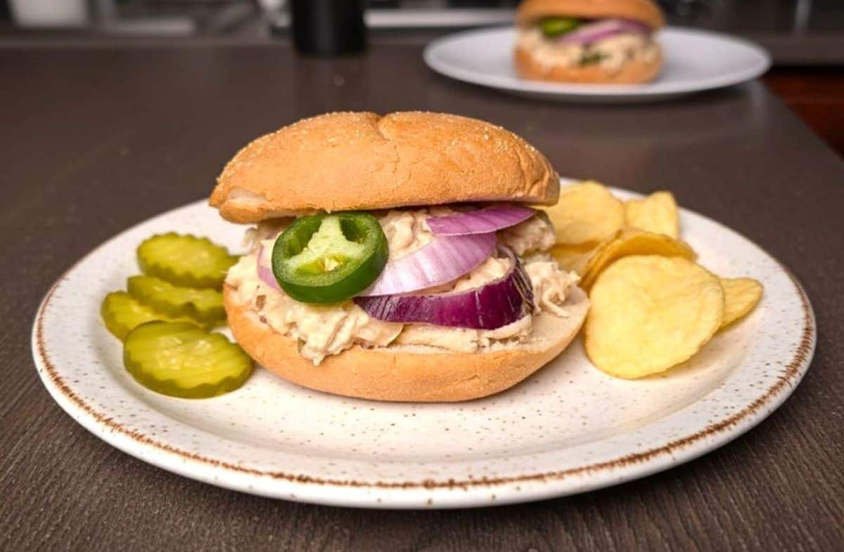 A toasted bun topped with creamy jalapeño popper chicken, melted cheese, fresh jalapeño slices, and red onion, served with a side of potato chips.
