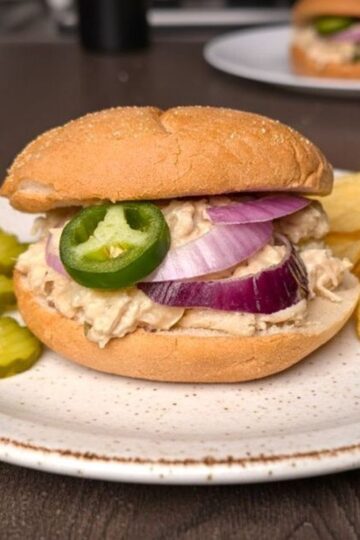 A toasted bun topped with creamy jalapeño popper chicken, melted cheese, fresh jalapeño slices, and red onion, served with a side of potato chips.