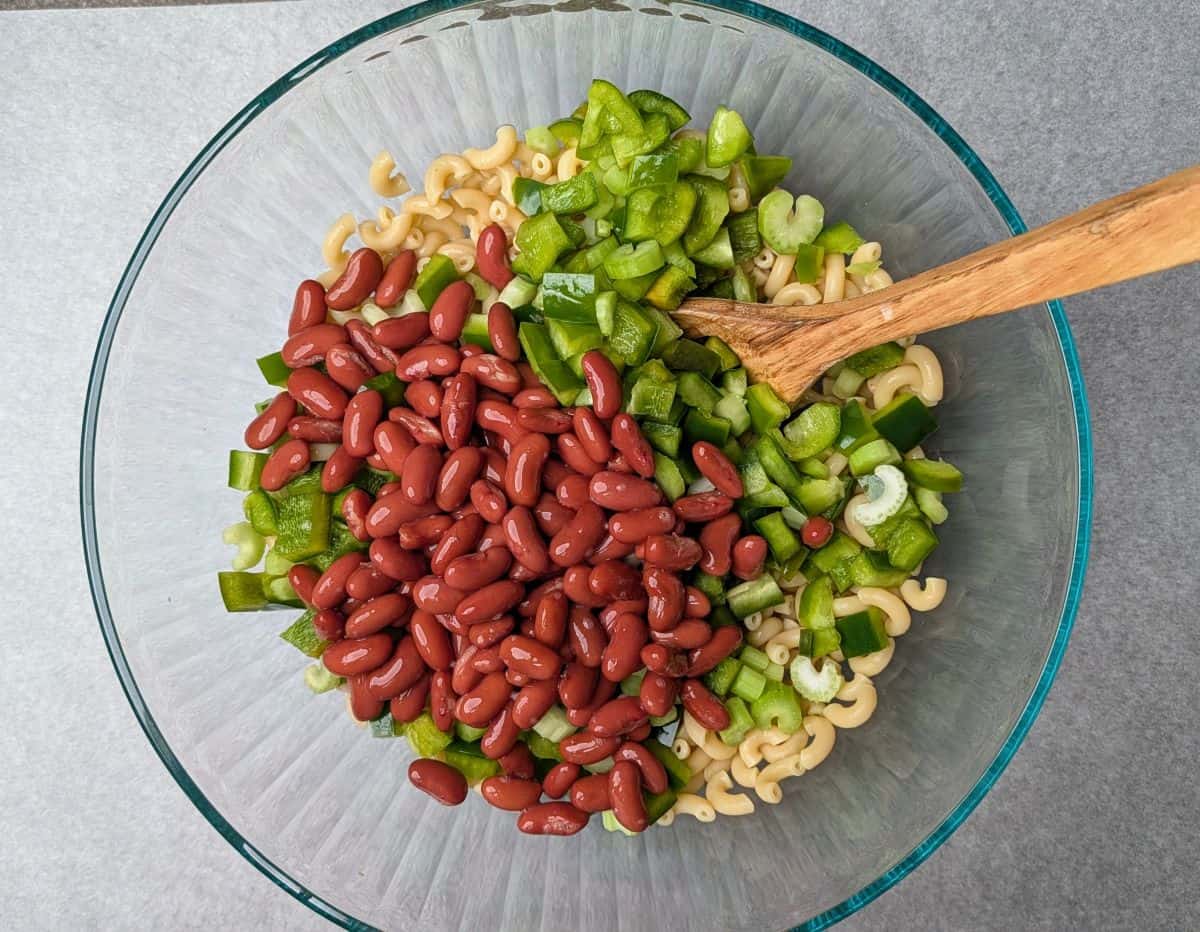 beans, peppers, onions, noodles
