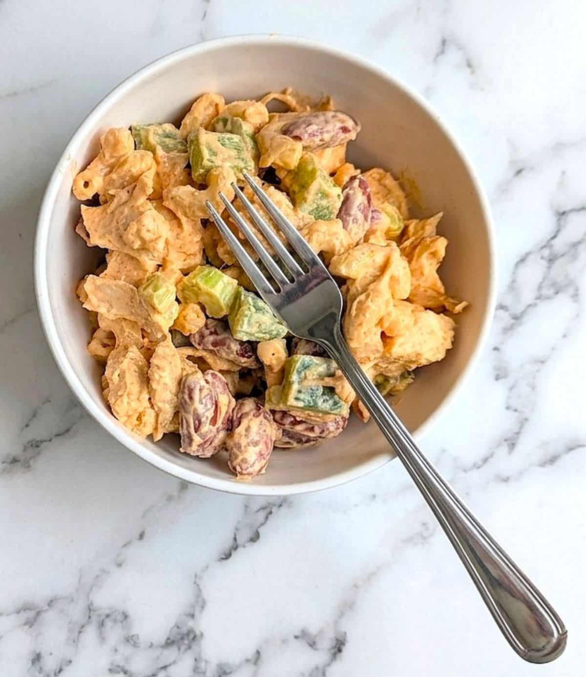 spicy macaroni salad in bowl