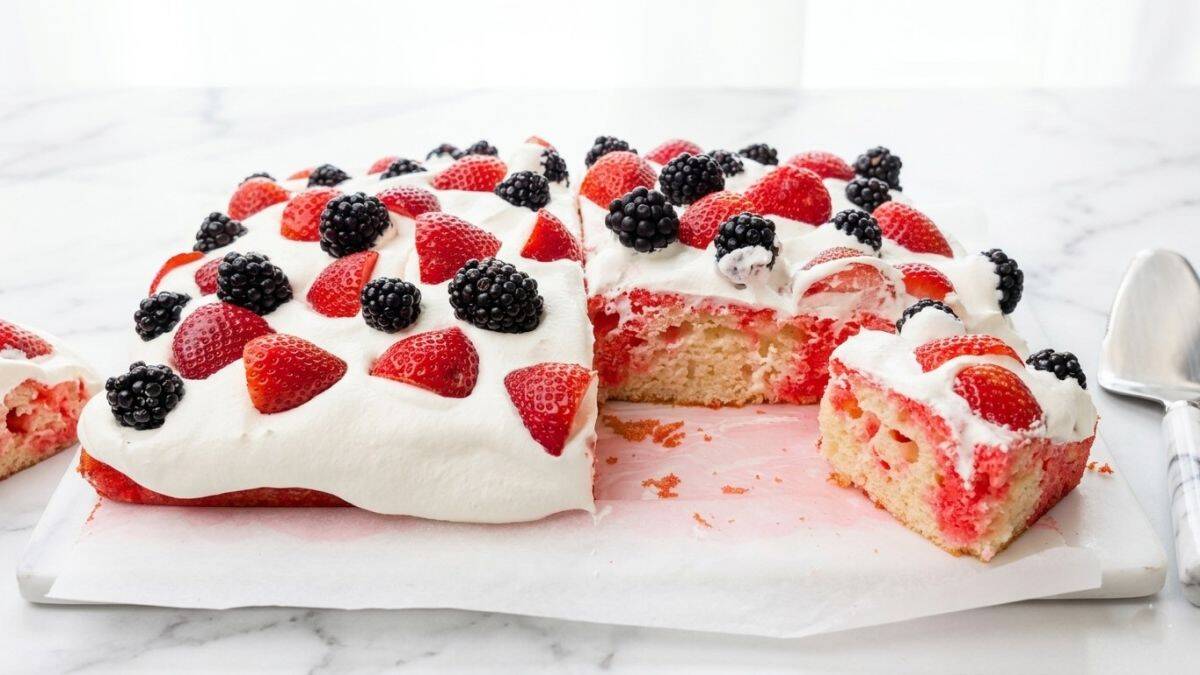 strawberry poke cake with slice