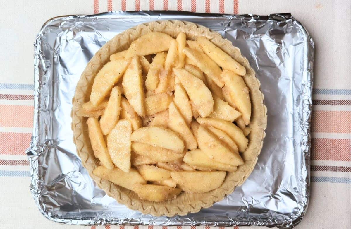 spiced apple slices arranged in pie shell