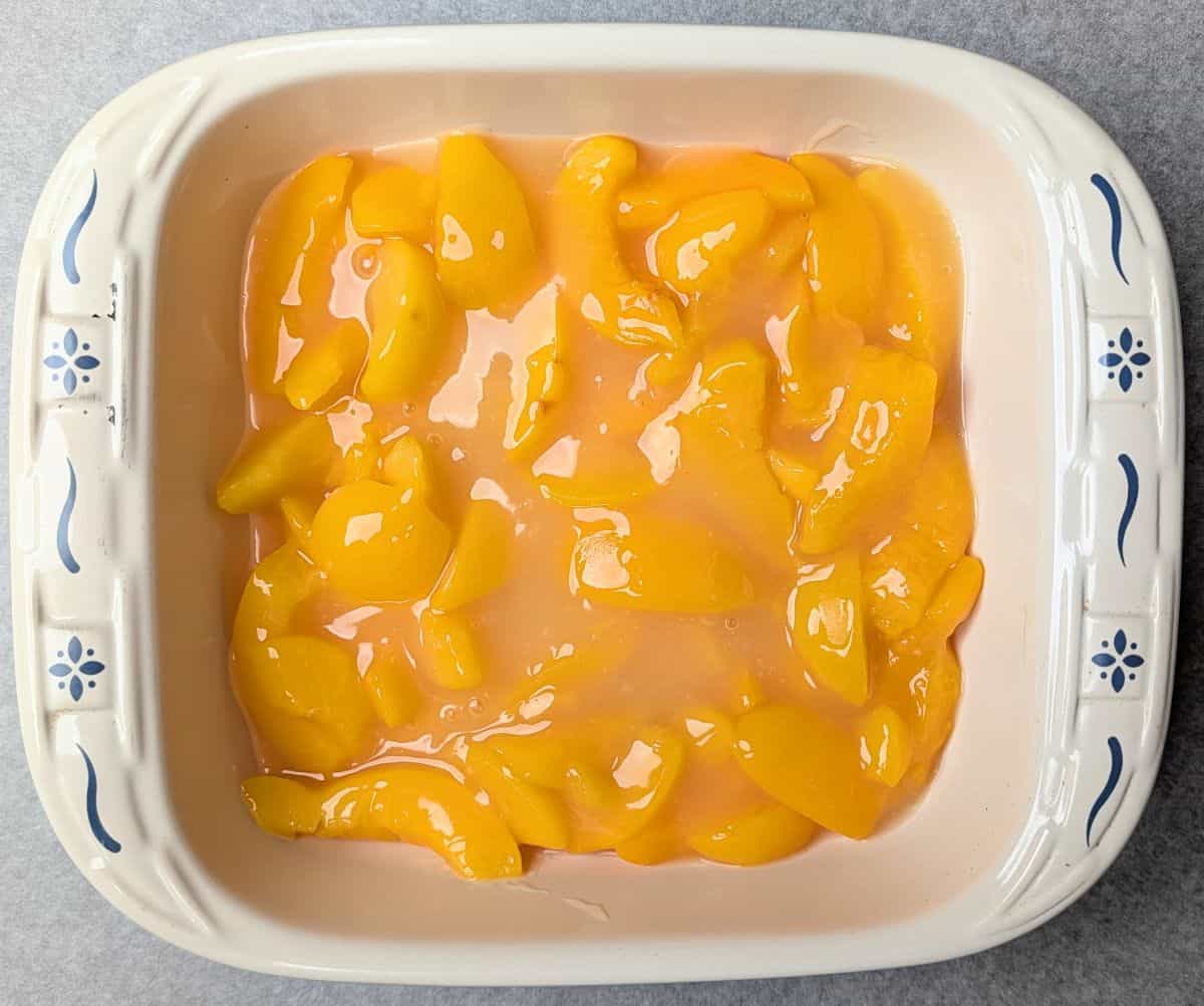 peach mixture in baking dish