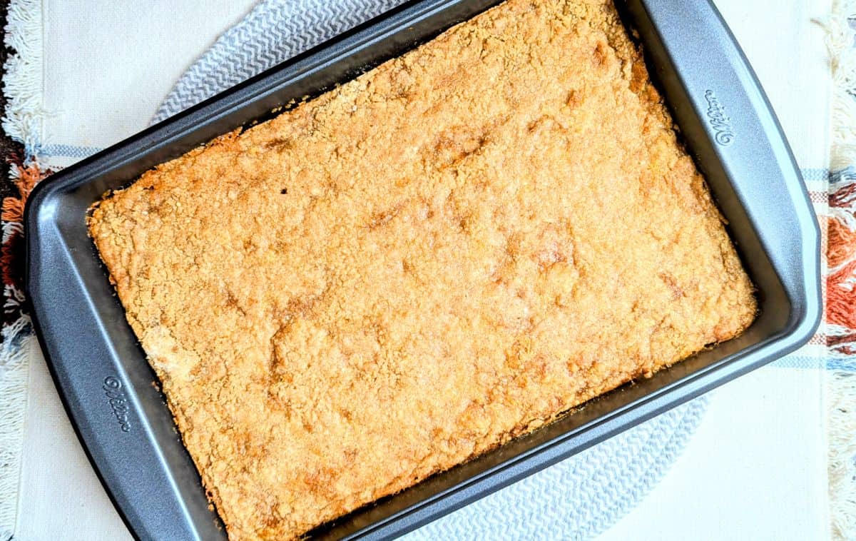 pumpkin crumble in pan and baked