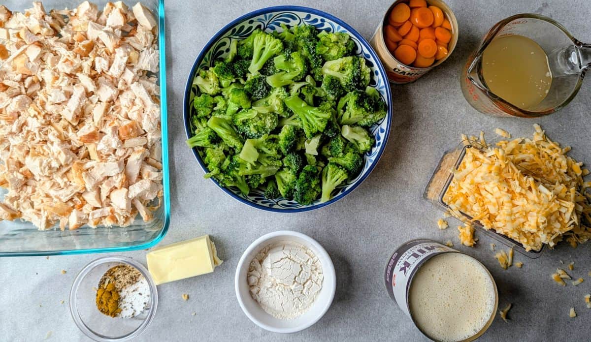 ingredients including precooked chicken, broccoli, carrots, seasonings, evaporated milk, colby jack cheese