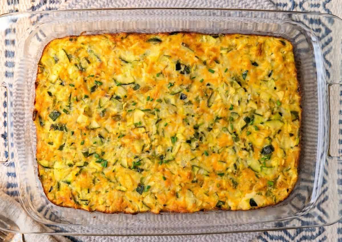 cheesy zucchini casserole baked before serving