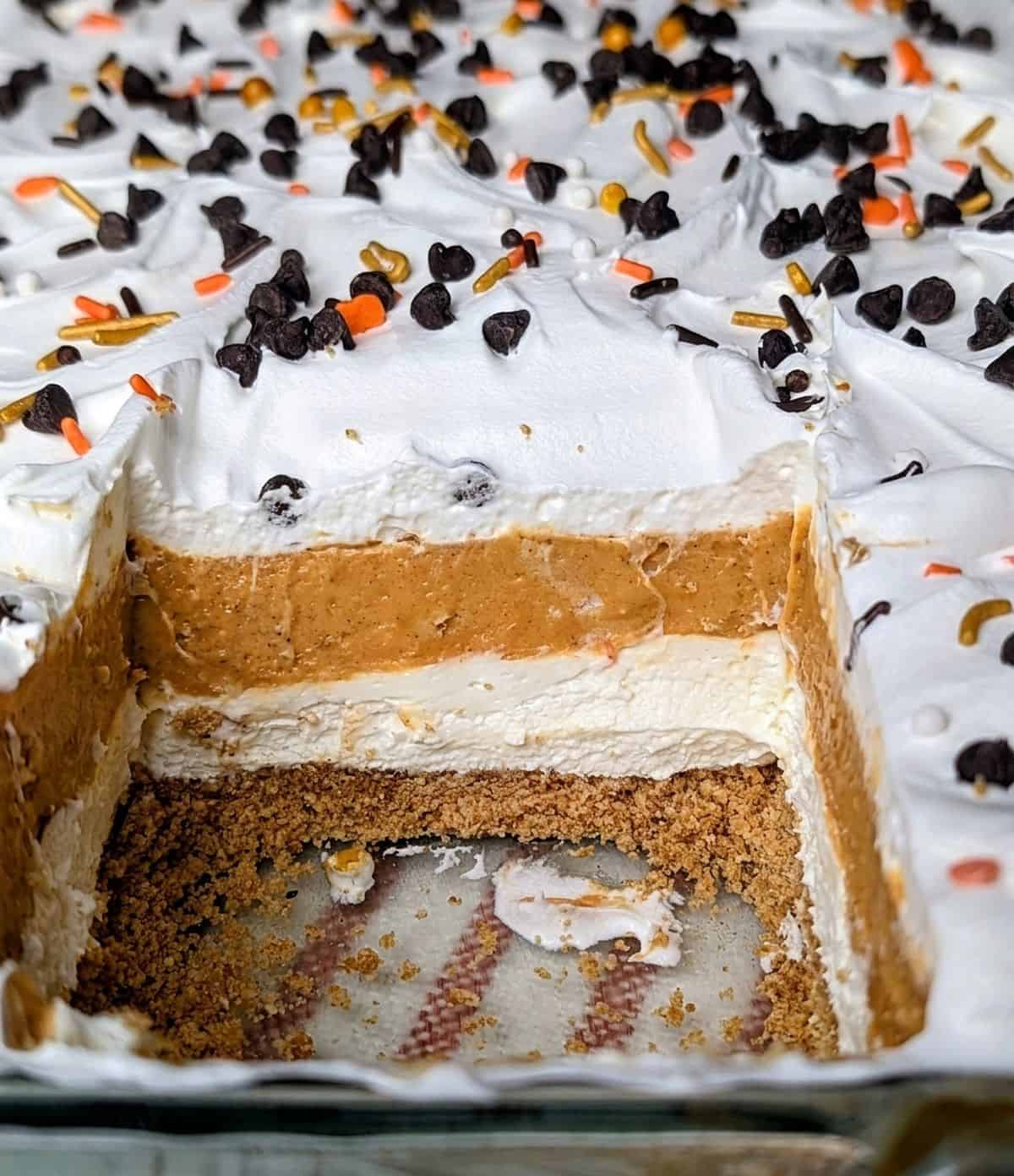 Overhead view of a completed layered pumpkin lush dessert in a 9x13 glass baking pan, ready to be sliced and served.