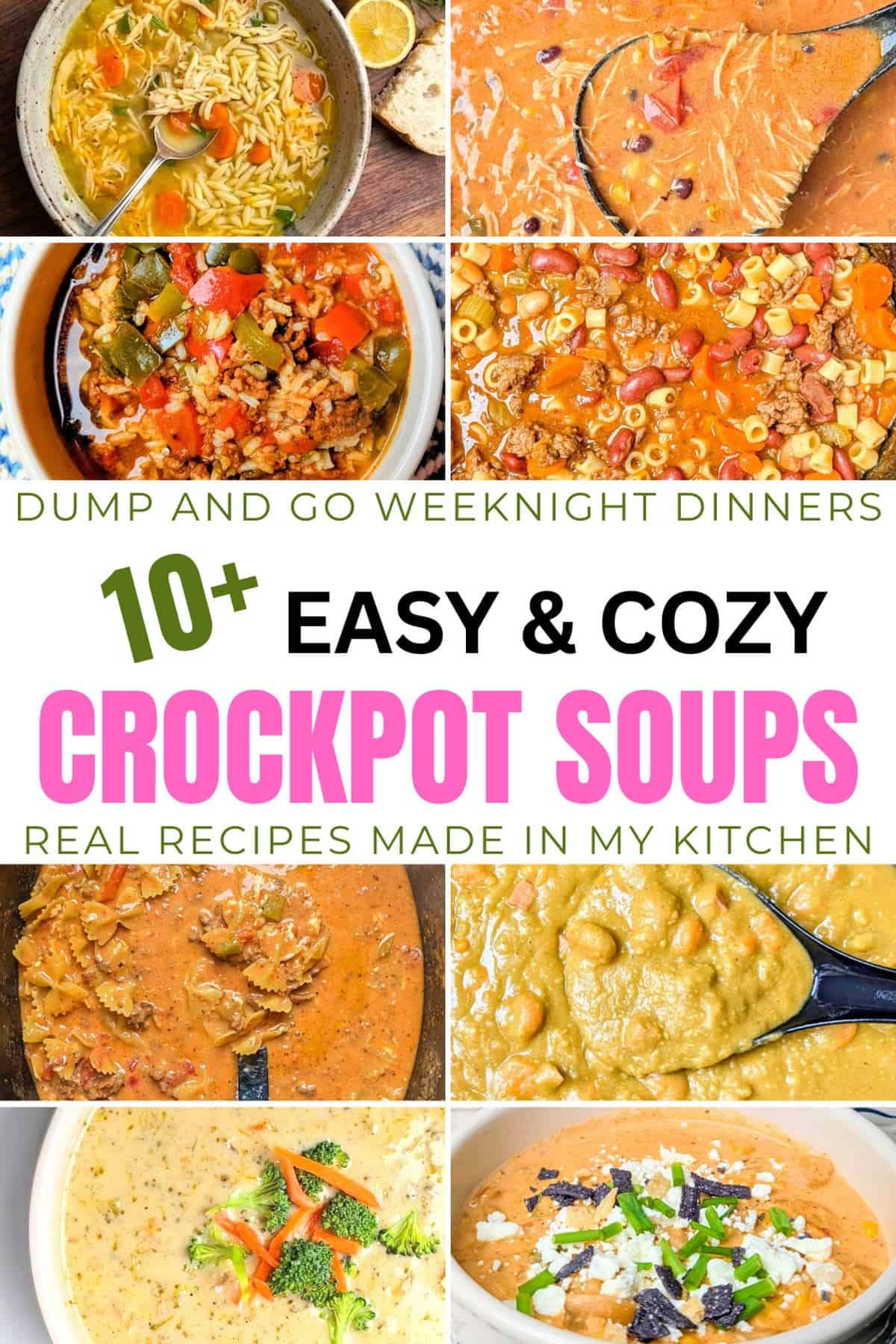 Title graphic for 10+ easy slow cooker soups showing eight different cozy and comfo