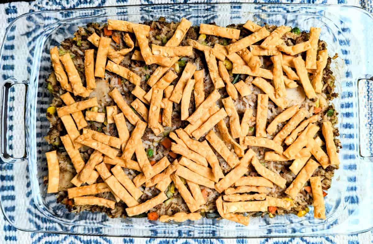 chow mein casserole topped with wide chow mein noodles