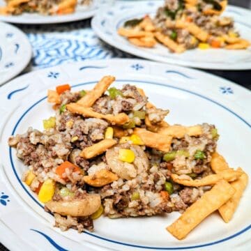 ground beef chow mein casserole serving on plate
