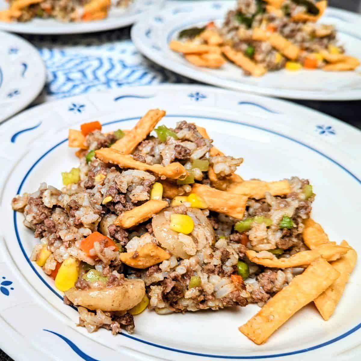 ground beef chow mein casserole serving on plate