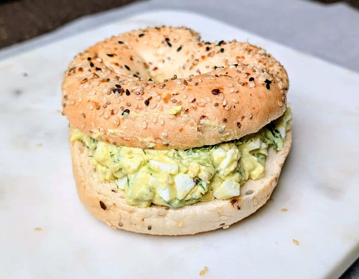 avocado egg salad in everything bagel