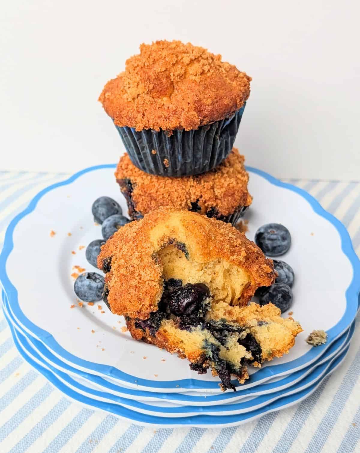 A stack of freshly baked Greek yogurt blueberry muffins on a plate with fresh blueberries.