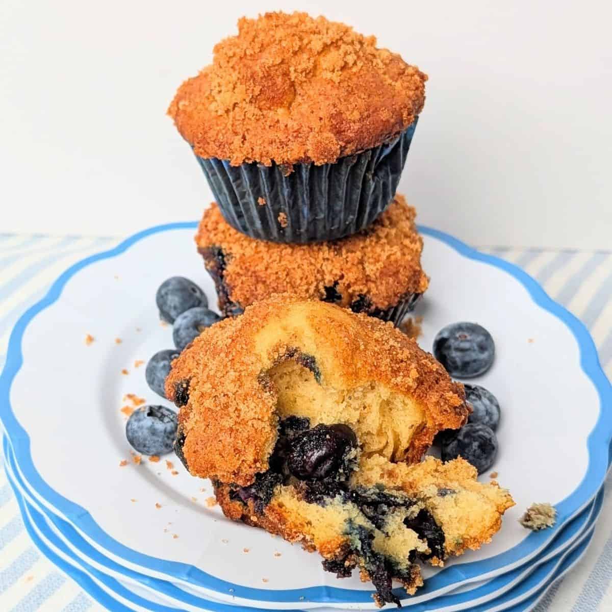 Delicious Greek yogurt blueberry muffins on a serving plate surrounded by fresh blueberries.