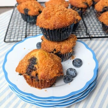 A stack of freshly baked Greek yogurt blueberry muffins on a plate with fresh blueberries.