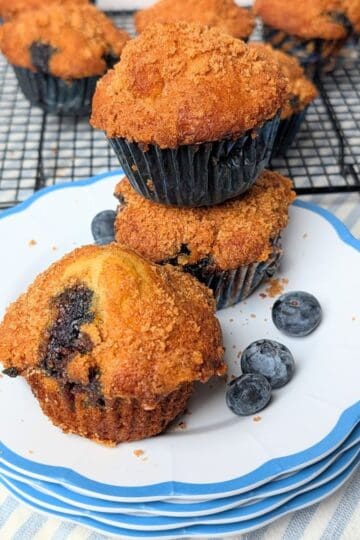 A stack of freshly baked Greek yogurt blueberry muffins on a plate with fresh blueberries.