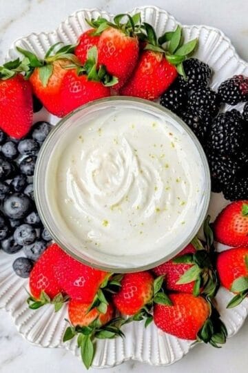 greek yogurt fruit dip in center of fruit tray